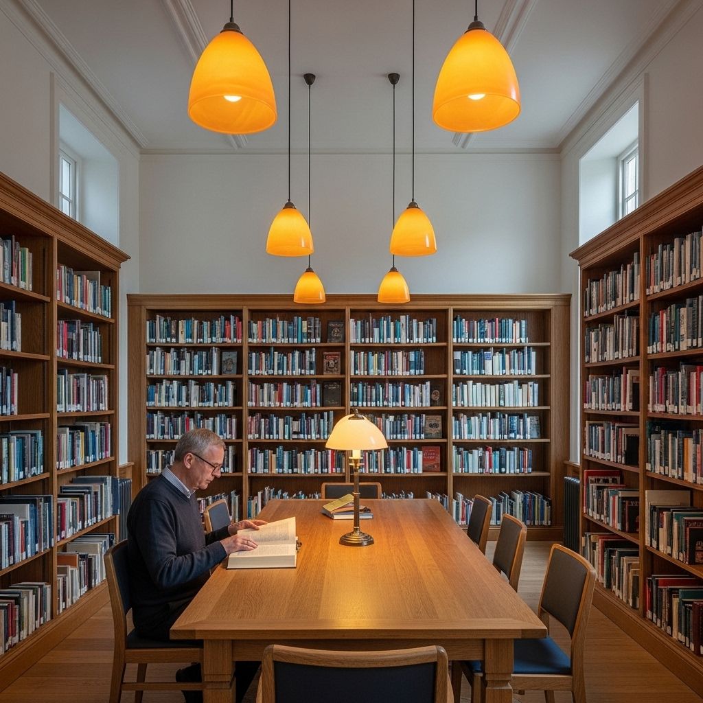 Wide angle view of a well-lit independent library reading room with tall wooden bookshelves, a man in his 50s sitting at a large oak table reading a reference book, warm amber light from pendant lamps, atmospheric and scholarly