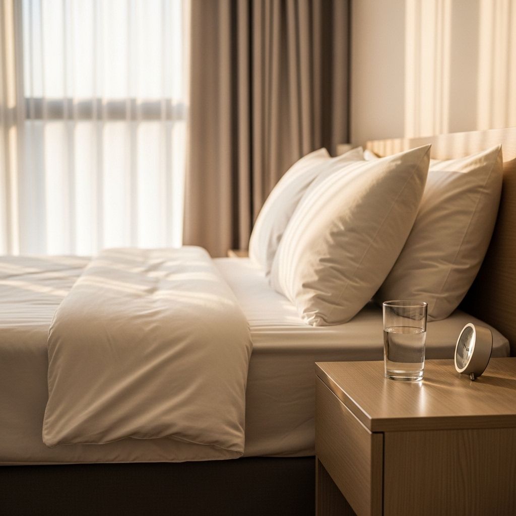 Serene bedroom environment with warm natural lighting through light curtains, a neatly made bed with white linen, a glass of water on a bedside table, representing restful sleep environment